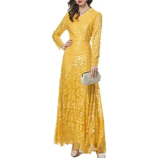 QMQA Sequin V-Neck Evening Dress Elegant Long Sleeve Dress