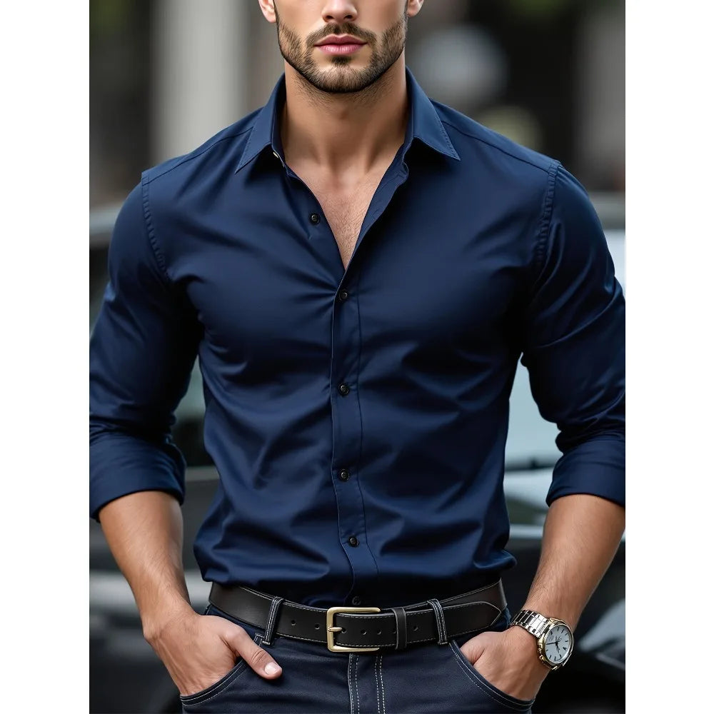 Classic Long Sleeve Shirt — Stretch Fit, Solid Color