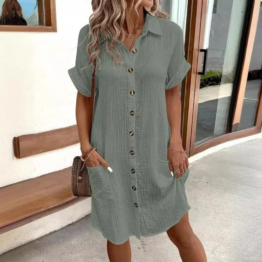 Minimalist V-Neck Shirt Dress Women’s Loose Pocket Dress