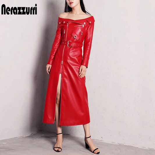 PU Leather Slash-Neck Maxi Dress – Runway Elegant