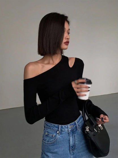 Women’s Off-Shoulder Crop - Top  Skew Collar Slim Fit Crop Top