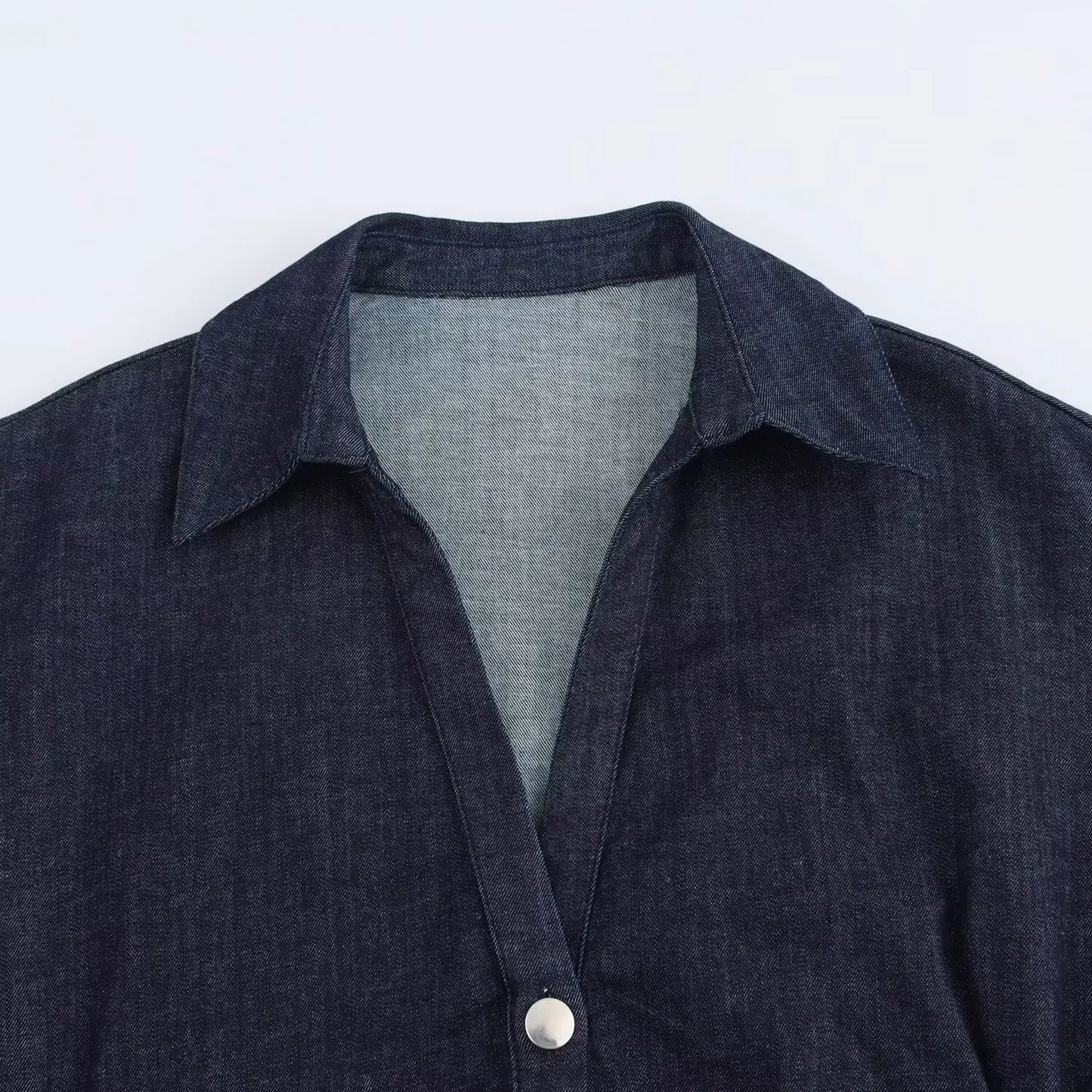 ETJ 2025 Spring Denim Midi Dress – Lapel, Side Zipper, Slim Fit, Elegant