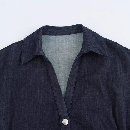 ETJ 2025 Spring Denim Midi Dress – Lapel, Side Zipper, Slim Fit, Elegant