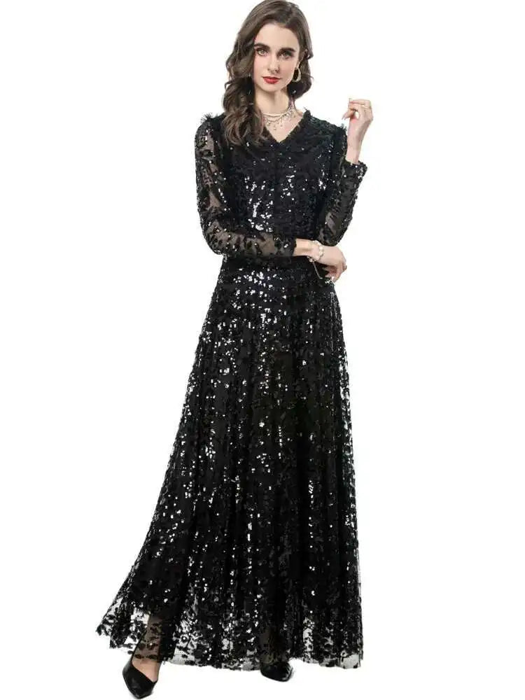 QMQA Sequin V-Neck Evening Dress Elegant Long Sleeve Dress
