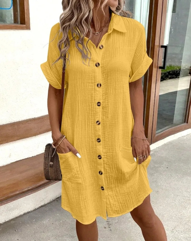 Minimalist V-Neck Shirt Dress  Women’s Loose Pocket Dress