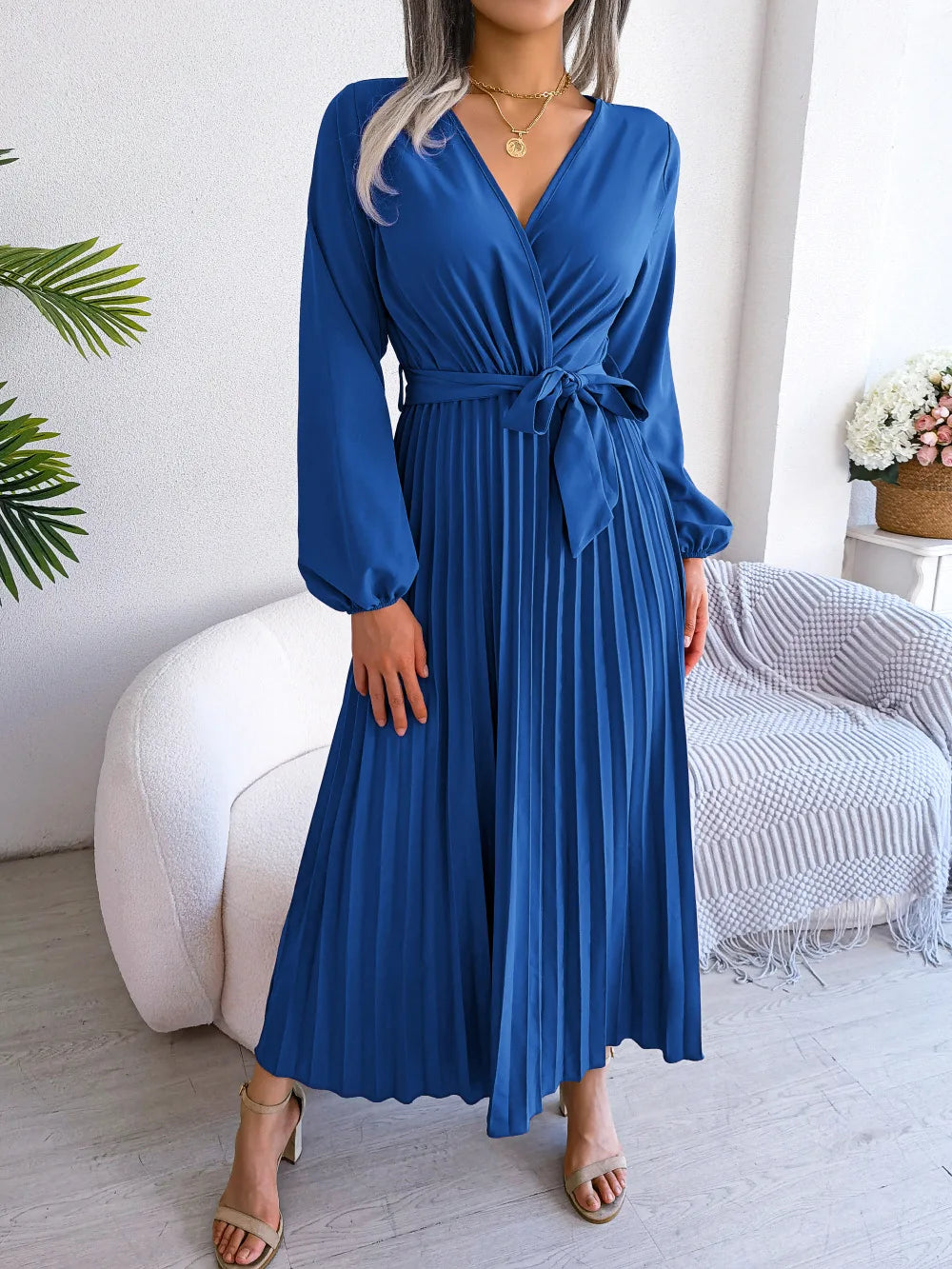 Elegant Pleated V-Neck Maxi Dress – Evening Style