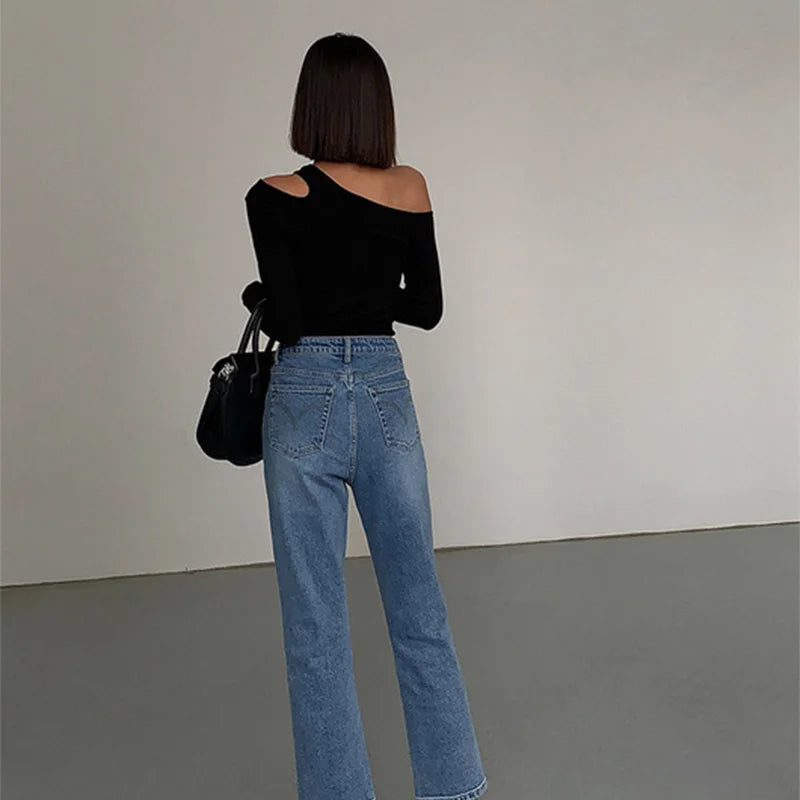 Women’s Off-Shoulder Crop - Top  Skew Collar Slim Fit Crop Top