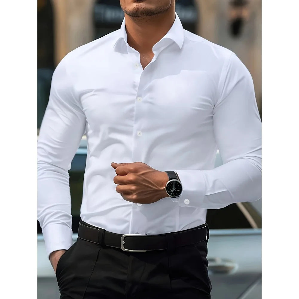 Classic Long Sleeve Shirt — Stretch Fit, Solid Color