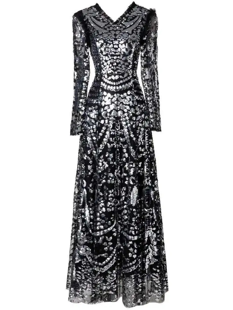 QMQA Sequin V-Neck Evening Dress Elegant Long Sleeve Dress