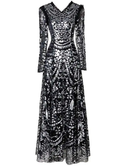 QMQA Sequin V-Neck Evening Dress Elegant Long Sleeve Dress