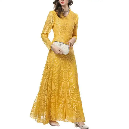 QMQA Sequin V-Neck Evening Dress Elegant Long Sleeve Dress