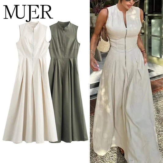 MUJER Pleated Bodycon Midi Dress  MUJER Elegant Summer Dress