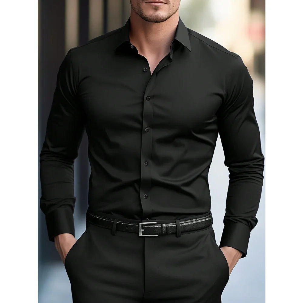 Classic Long Sleeve Shirt — Stretch Fit, Solid Color