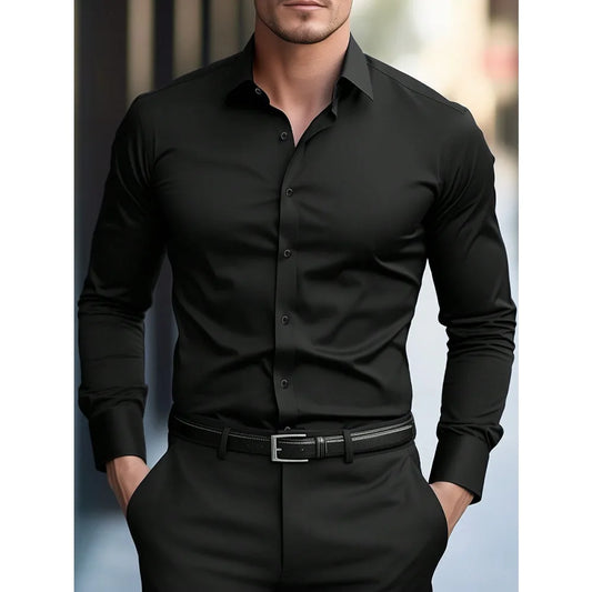 Classic Long Sleeve Shirt — Stretch Fit, Solid Color