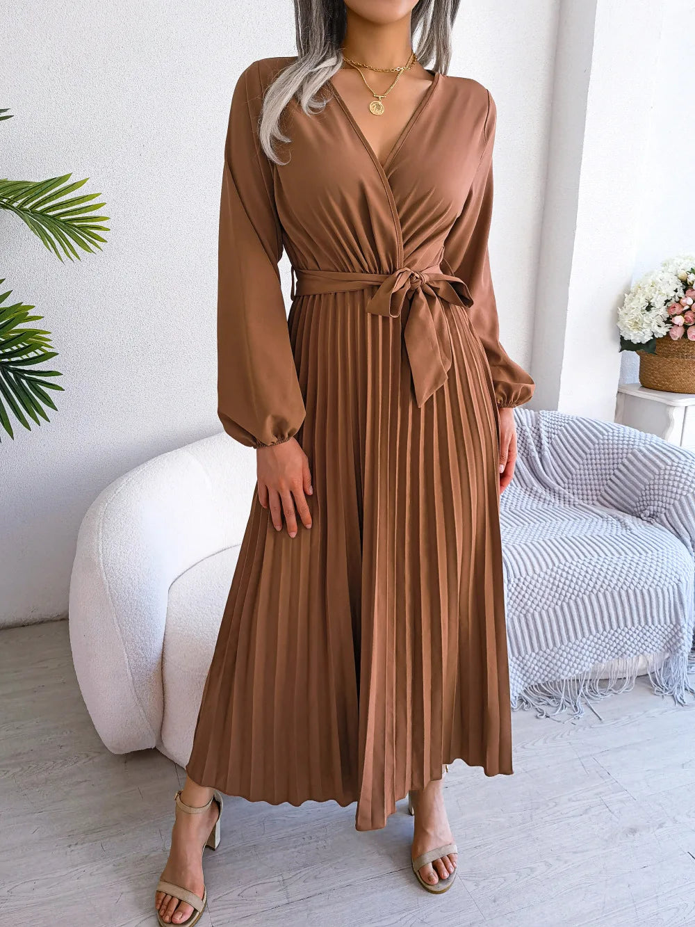 Elegant Pleated V-Neck Maxi Dress – Evening Style
