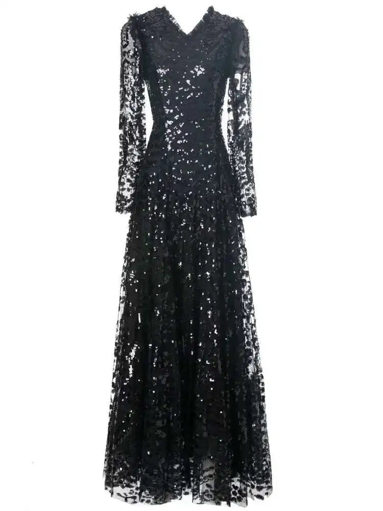 QMQA Sequin V-Neck Evening Dress Elegant Long Sleeve Dress