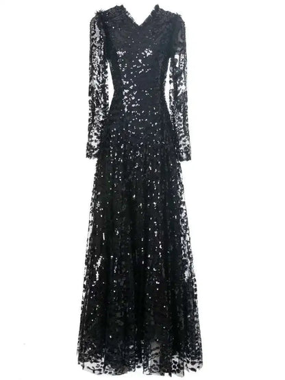 QMQA Sequin V-Neck Evening Dress Elegant Long Sleeve Dress