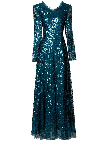 QMQA Sequin V-Neck Evening Dress Elegant Long Sleeve Dress