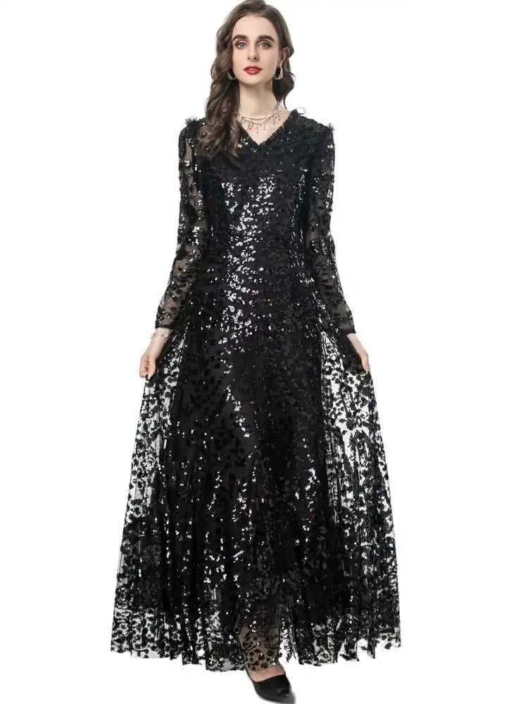 QMQA Sequin V-Neck Evening Dress Elegant Long Sleeve Dress
