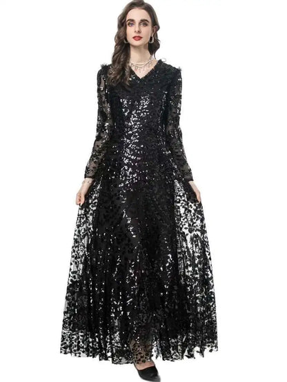 QMQA Sequin V-Neck Evening Dress Elegant Long Sleeve Dress