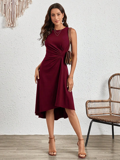 Summer Solid A-Line Dress – Sleeveless Wrinkle Fit