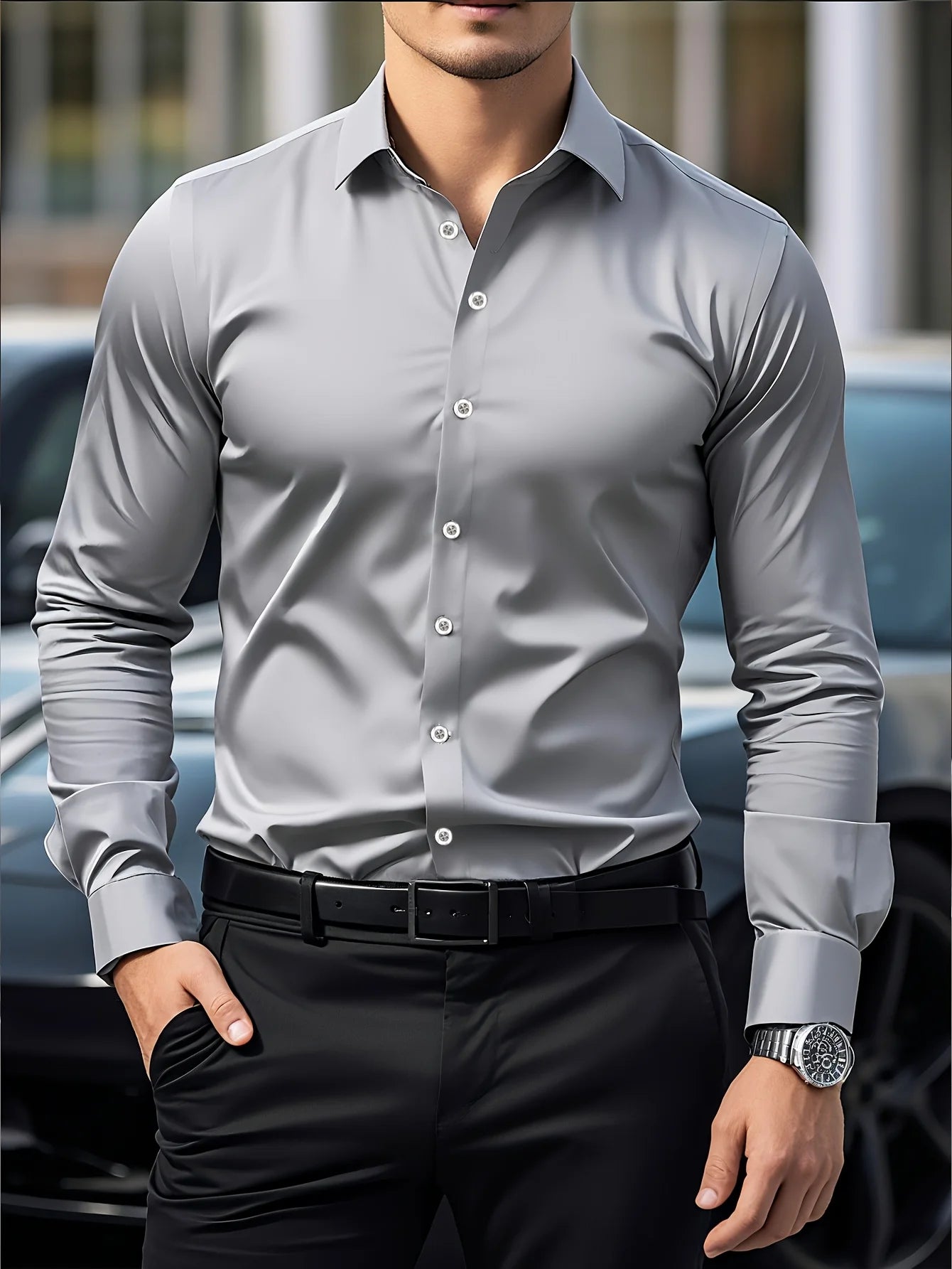 Classic Long Sleeve Shirt — Stretch Fit, Solid Color