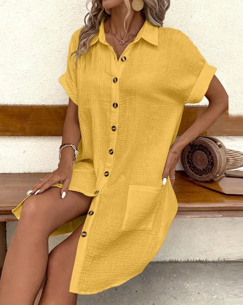 Minimalist V-Neck Shirt Dress  Women’s Loose Pocket Dress