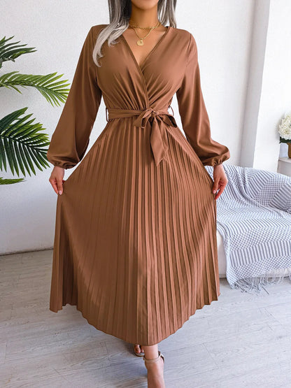Elegant Pleated V-Neck Maxi Dress – Evening Style