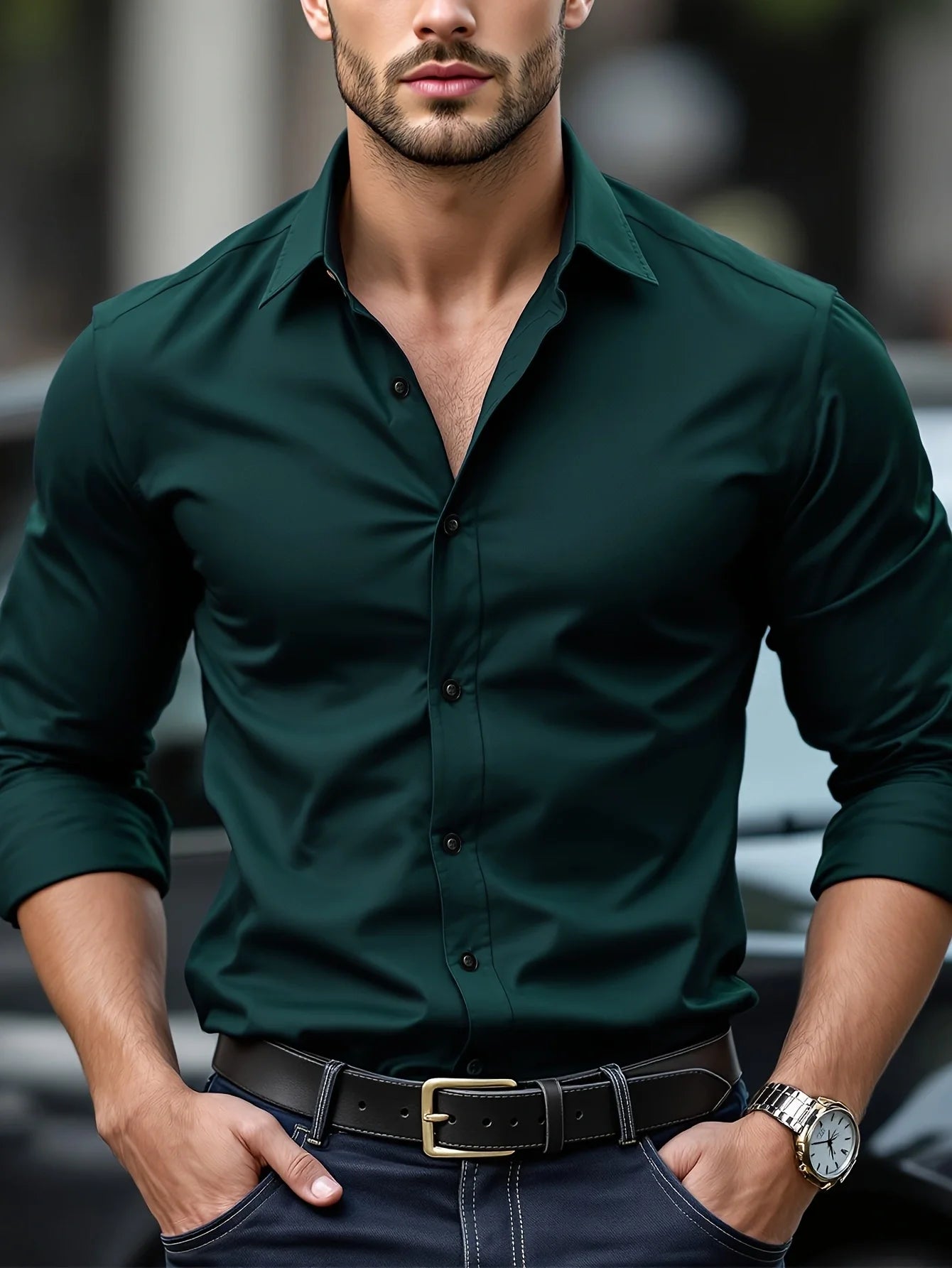 Classic Long Sleeve Shirt — Stretch Fit, Solid Color
