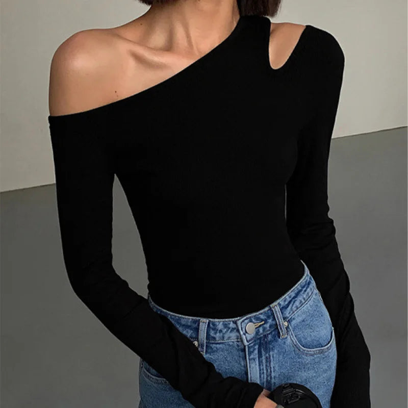 Women’s Off-Shoulder Crop - Top  Skew Collar Slim Fit Crop Top