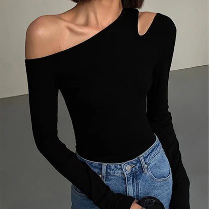 Women’s Off-Shoulder Crop - Top  Skew Collar Slim Fit Crop Top