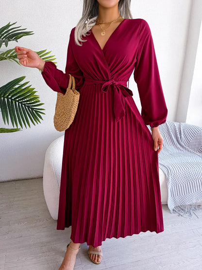 Elegant Pleated V-Neck Maxi Dress – Evening Style