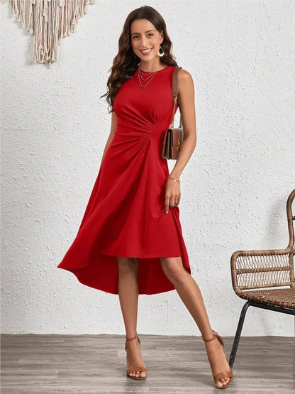 Summer Solid A-Line Dress – Sleeveless Wrinkle Fit
