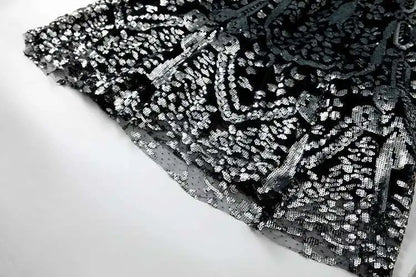 QMQA Sequin V-Neck Evening Dress Elegant Long Sleeve Dress