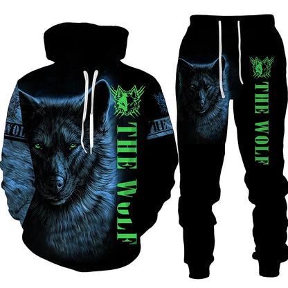 Wolf Print 3D Hoodie & Pants Set – Streetwear Fit