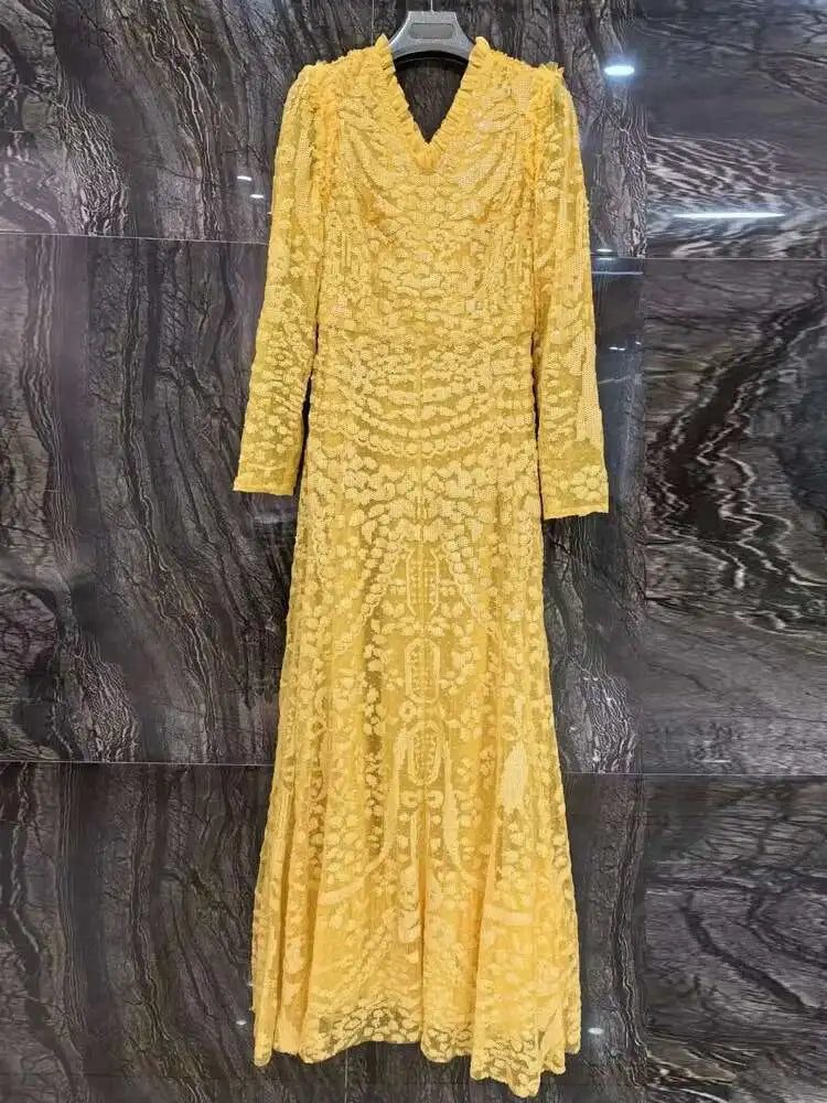 QMQA Sequin V-Neck Evening Dress Elegant Long Sleeve Dress