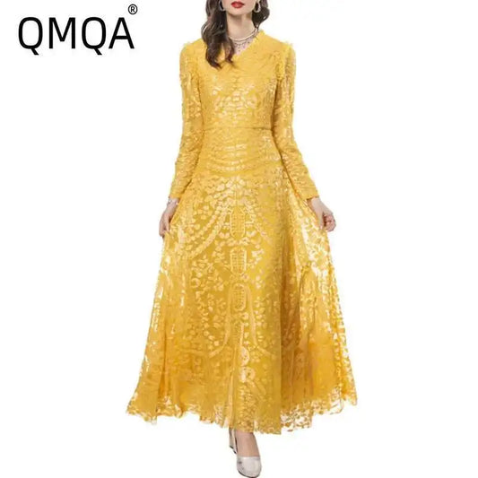 QMQA Sequin V-Neck Evening Dress Elegant Long Sleeve Dress