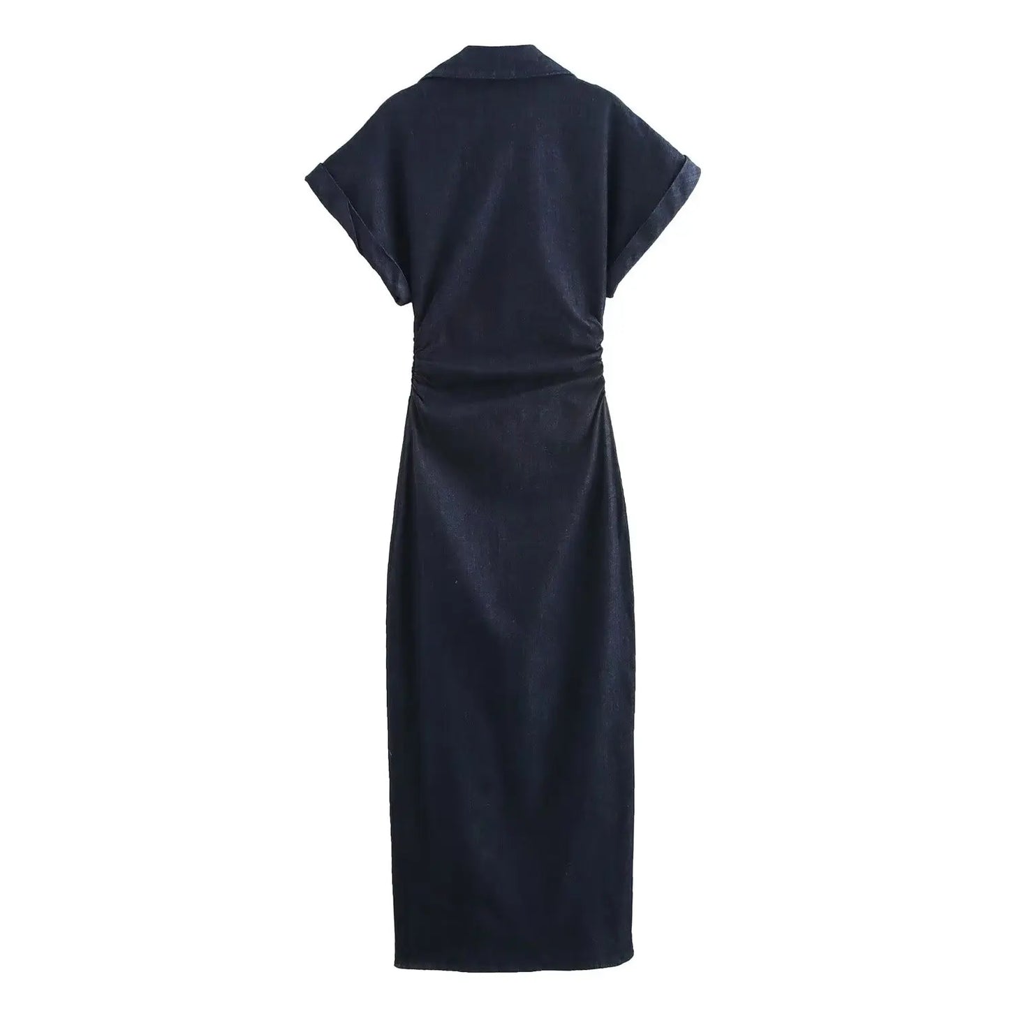 ETJ 2025 Spring Denim Midi Dress – Lapel, Side Zipper, Slim Fit, Elegant