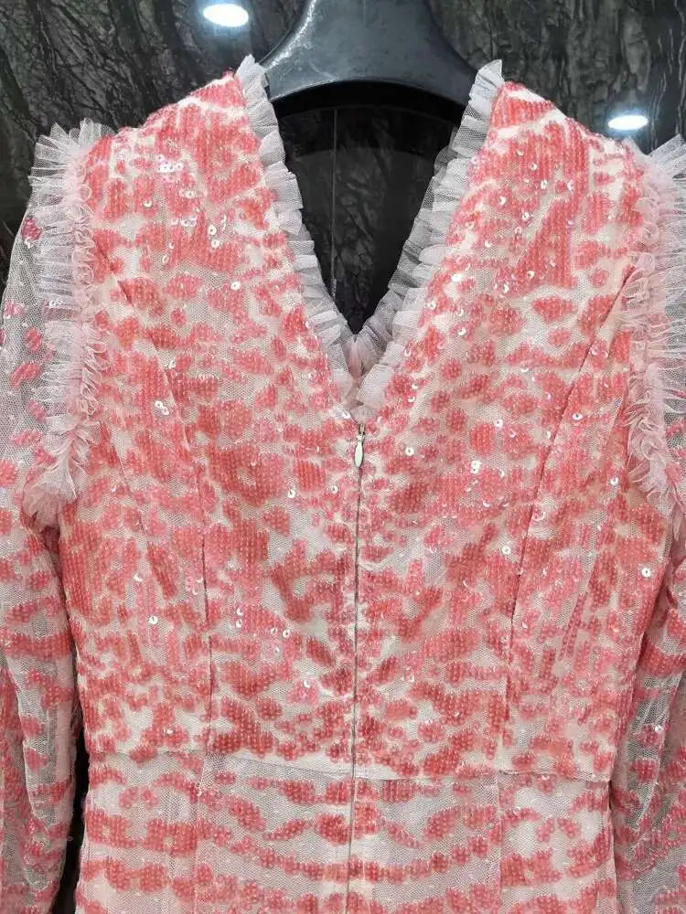 QMQA Sequin V-Neck Evening Dress Elegant Long Sleeve Dress