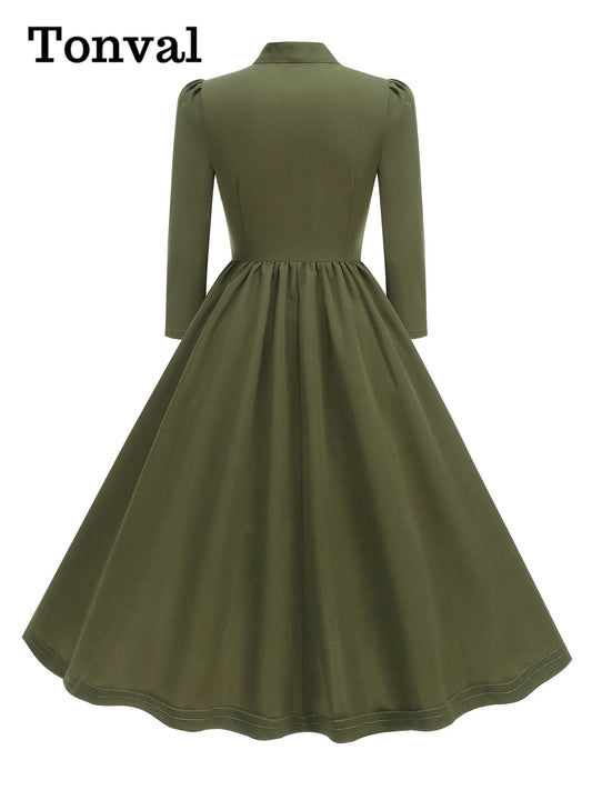 Tonval Bow Neck Pleated Dress  Tonval Vintage Swing Dress