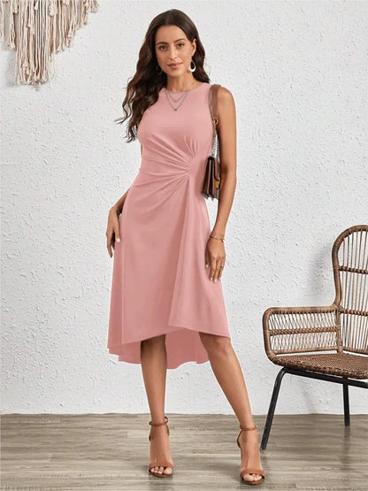 Summer Solid A-Line Dress – Sleeveless Wrinkle Fit