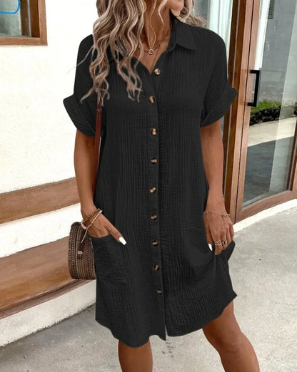 Minimalist V-Neck Shirt Dress  Women’s Loose Pocket Dress