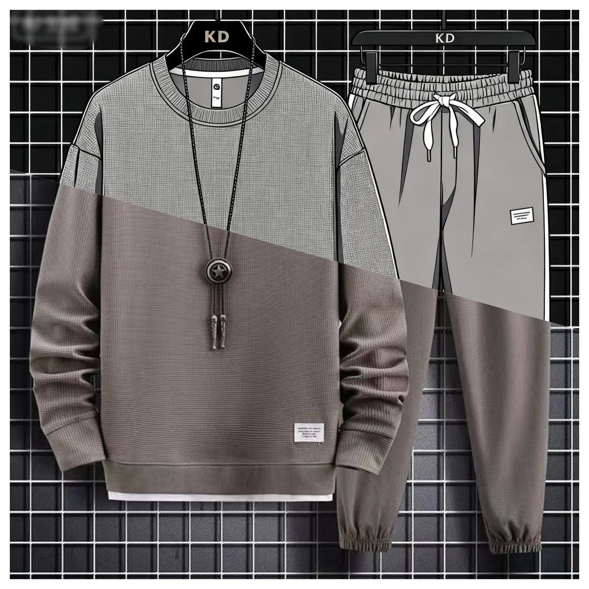 Gray and brown sweatshirt and pants set on hangers against a grid background