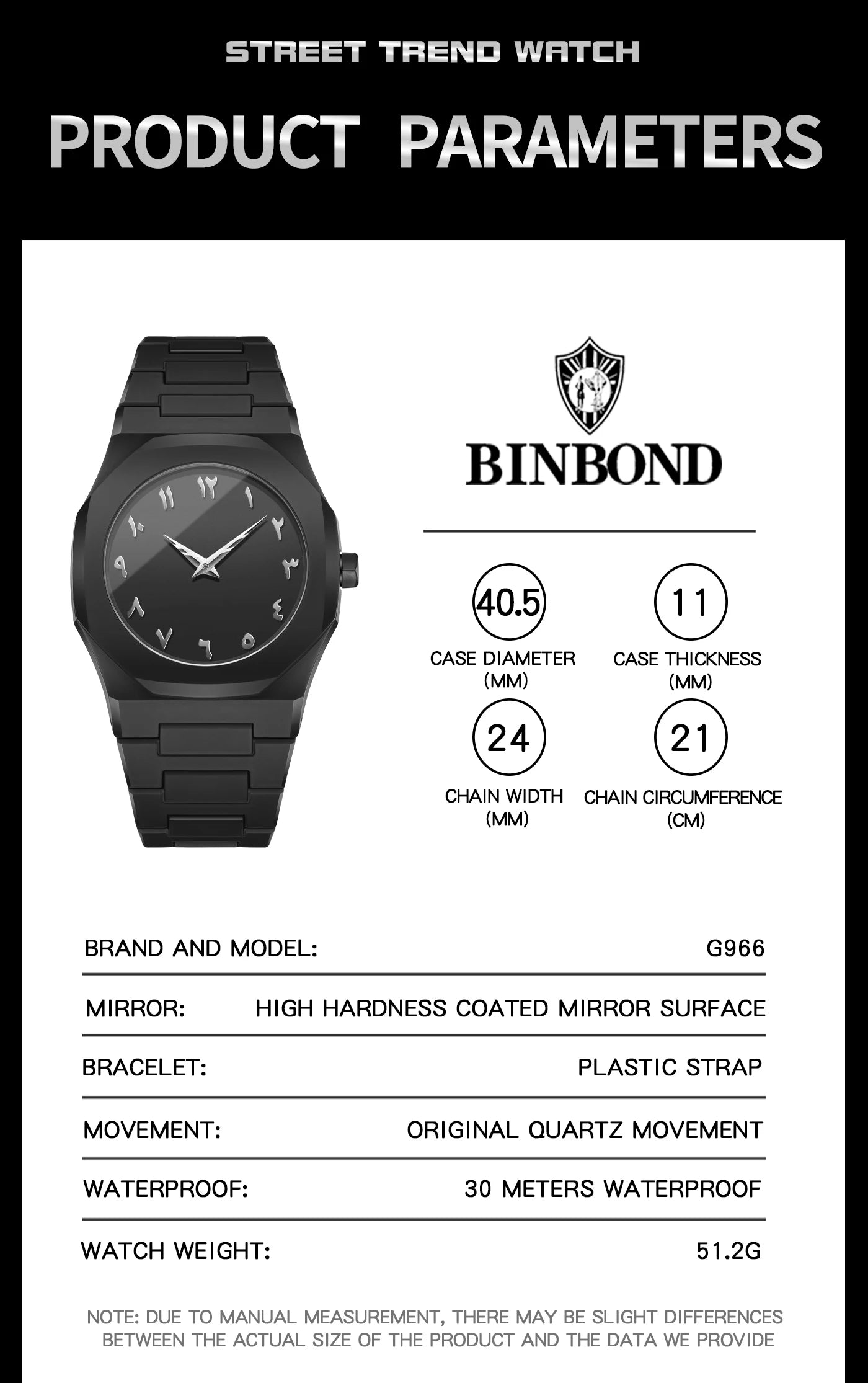BINBOND Arabic Dial Watch — Minimalist Waterproof Design