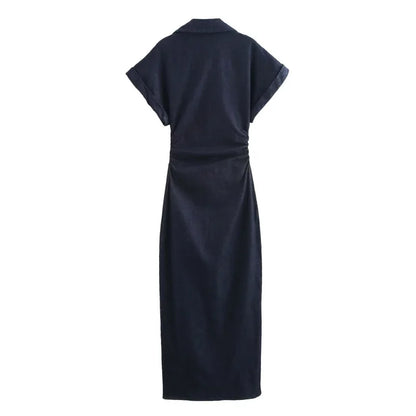 ETJ 2025 Spring Denim Midi Dress – Lapel, Side Zipper, Slim Fit, Elegant