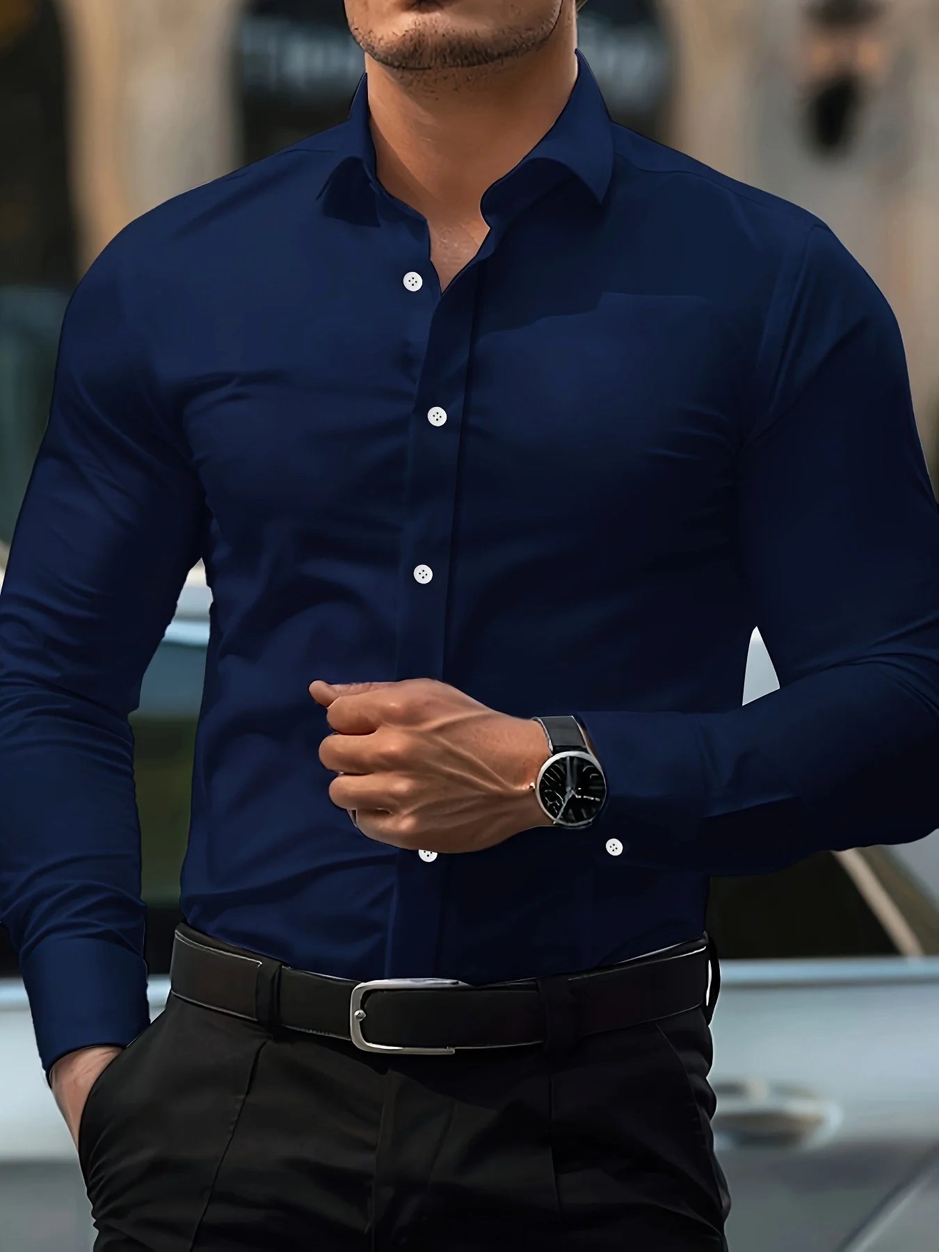 Classic Long Sleeve Shirt — Stretch Fit, Solid Color