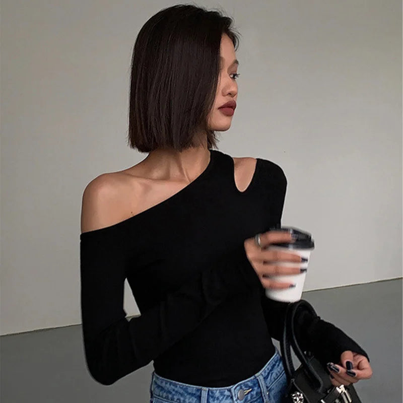Women’s Off-Shoulder Crop - Top  Skew Collar Slim Fit Crop Top