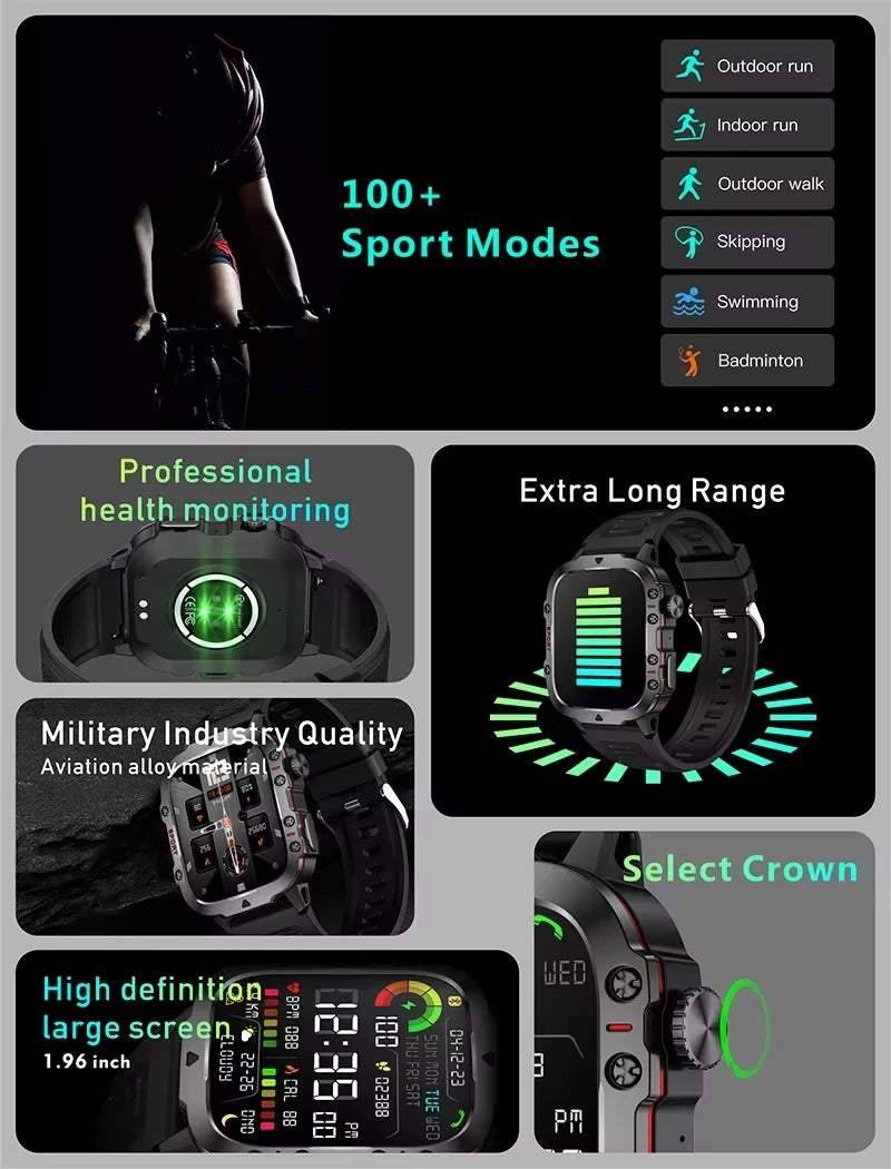 LAXASFIT 2025 Military Smartwatch — Rugged Outdoor Edition