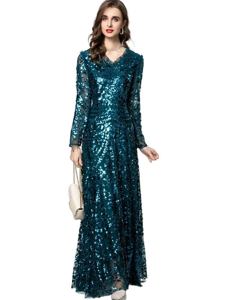 QMQA Sequin V-Neck Evening Dress Elegant Long Sleeve Dress