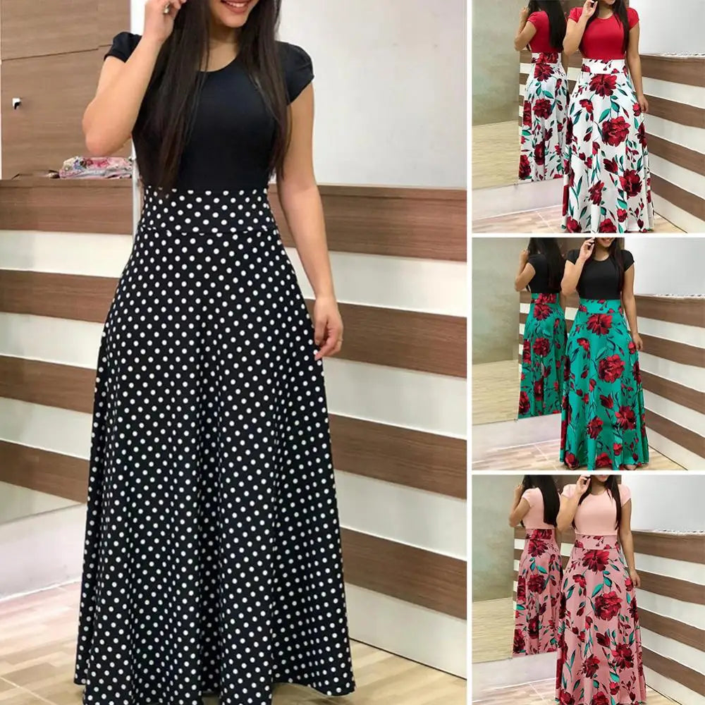 Retro Floral Patchwork Maxi Dress – Elegant Style